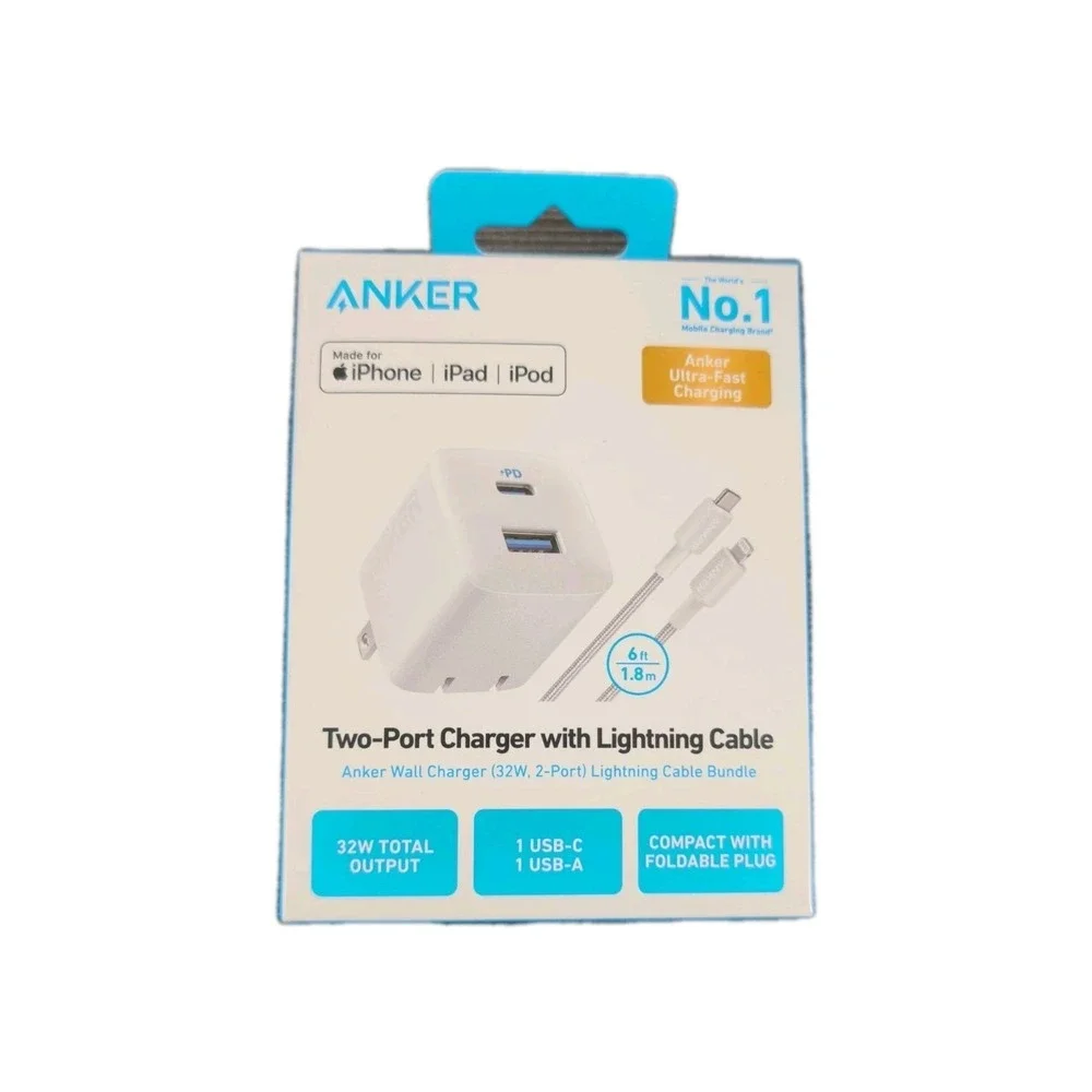 Pp6O Anker 2-Port (1-C, 1-A) 32W Wall Charger w/ Cable for Apple White OPEN BOX